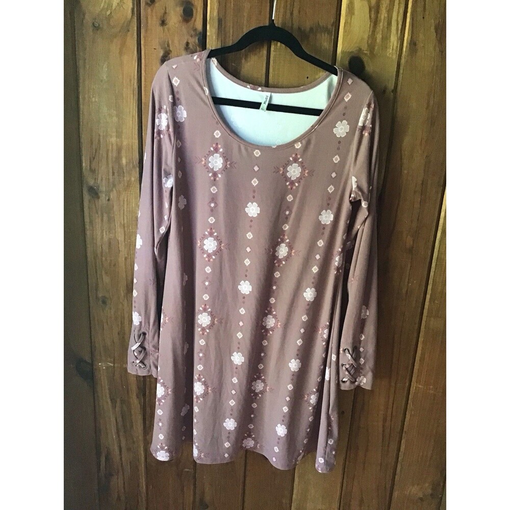 Mudd Beige Tan T Shirt Dress Size L Long Sleeve Casual Floral Soft